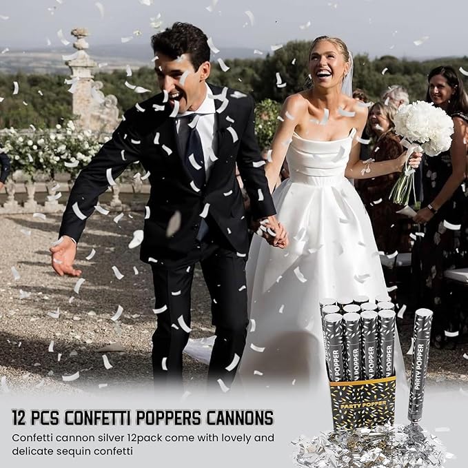 Party Poppers Confetti Cannon 12 Pack Silver Poppers 12 Inch Party Shooters Mylar Confetti Silver Foil Confetti Cannons Bulk for Wedding Birthday Graduation Baby Gender Reveal Christmas New Year