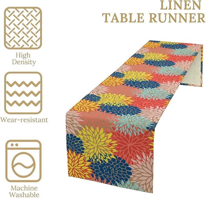 Dahlia Flowers Table Runner Colorful Floral Teal Grey Pink Yellow Blue Abstract Table Runner Kitchen Dining Party Decor Living Room, 13x60 Inch
