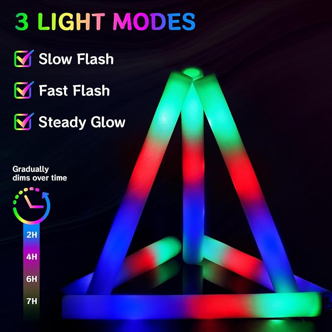 AOWDIAO 24 Pcs 16″ Foam LED Glow Sticks, 3 Light Up Modes, Party Favors for Wedding, Festival & More