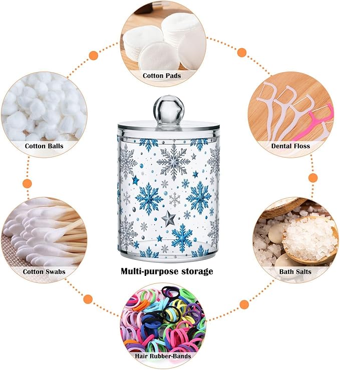 Gredecor Christmas Winter Qtip Holder Dispenser 4 Pack Silver Blue Glitter Snowflakes Apothecary Jars with Lids Bathroom Vanity Countertop Canister Storage Organizer for Cotton Ball,Swabs,Pads,Floss