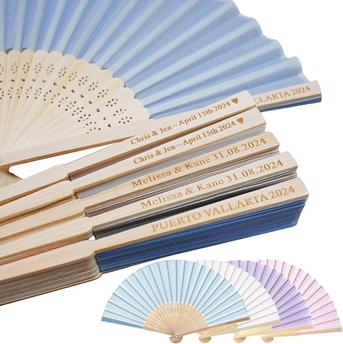 Personalized Engraved Silk Fans Folding Hand Fans 15 Pcs, Light Blue Summer Wedding Fans, Custom Imitated Silk-Bamboo Fans for Guests Wedding Party Favor Bridal Shower Gifts Party Decoration