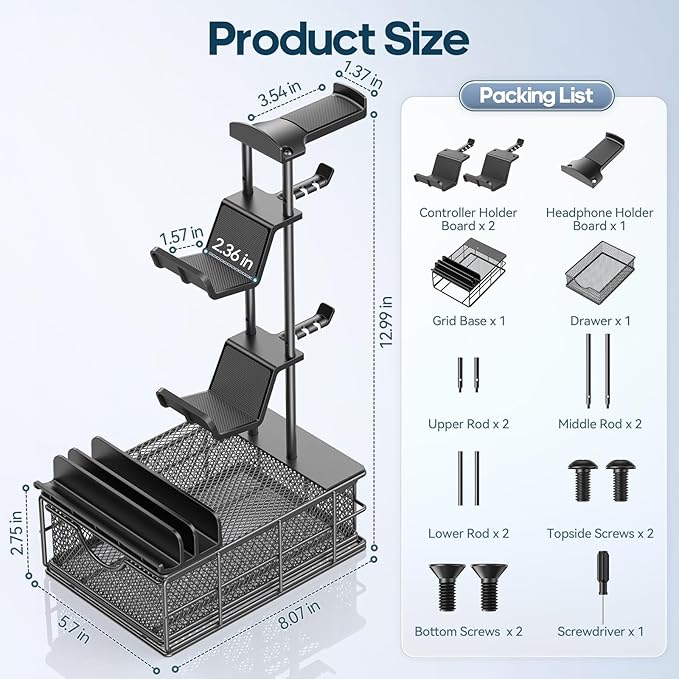 KDD Headphone Stand with Drawer - Headset & Controller Holder for Desk - Aluminum Supporting Bar Earphone Stand with Cable Organizer - Universal Gaming PC Accessories Storage