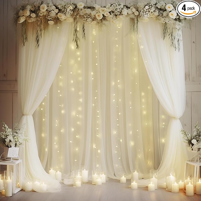 20×10ft Cream White Tulle Backdrop Curtain with Lights String for Parites, Sheer Curtain Backdrop Drapes for Wedding Party Home Decorations
