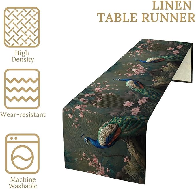 Peacock Table Runner,Vintage Aesthetic Peacock Birds Table Runner for Home Kitchen Dining Party Indoor Outdoor Decoration 13x108 Inch