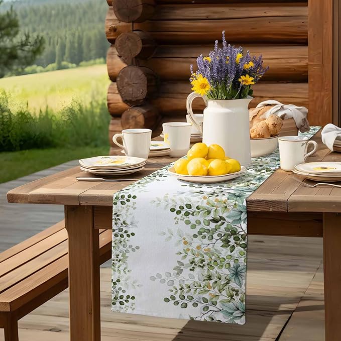 Sage Green Eucalyptus Cotton Linen Table Runner for Dining Kitchen, Farmhouse Leaves Wedding Outdoor Party Tablerunners Decoration Botanical Floral Dresser Scarf Coffee Tablecloth Runners 13x90 Inches
