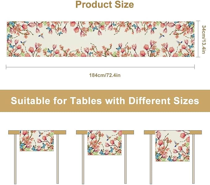 Spring Floral Bird Table Runner, Watercolor Pink Flower Plants Nature Butterfly Table Runner for Kitchen Dinner Living Room Home Party, 13x36 Inch