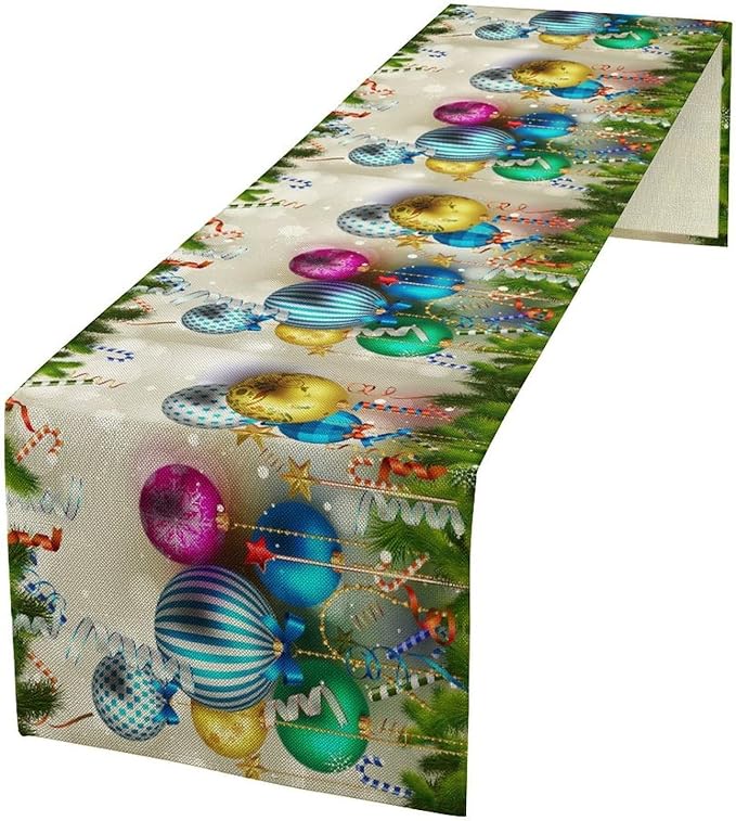 Christmas Table Runner,Colorful Balls Xmas Tree Snowflake Pattern Print Tablecloth Burlap for Hotel Indoors Outdoor Dining Room Kitchen Home Decor,W13X L60 in