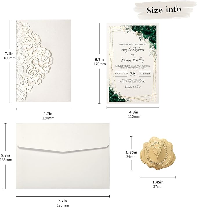 DORIS HOME 50pcs Laser Cut Wedding Invitations with Envelopes and RSVP Cards Green and Ivory White, 4.7x7.1 Personalized Invitation Cards for Wedding, Anniversary Invitations with Envelopes