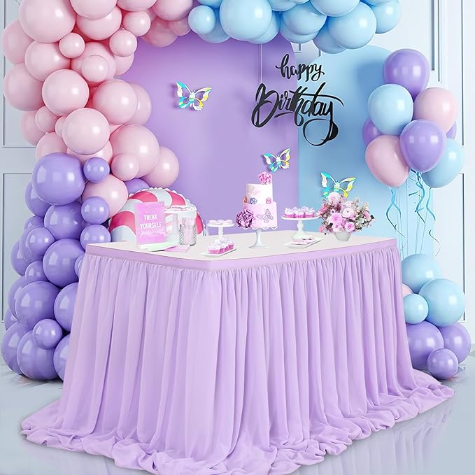 QueenDream Lavender Chiffon Table Skirt 6ft for Rectangle Tables Purple Mermaid Table Skirting for Wedding Birthday Butterfly Party Baby Shower