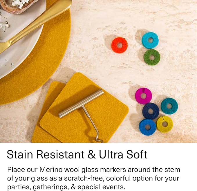 Graf Lantz - Wine-O's Merino Wool Wine Glass Charms (Rainbow) 12 Count - Drink Markers with Note Card - Reusable - 12 Colors - Boho Style - Home Decor, Party Favors & Vacation Essentials - 5mm Felt