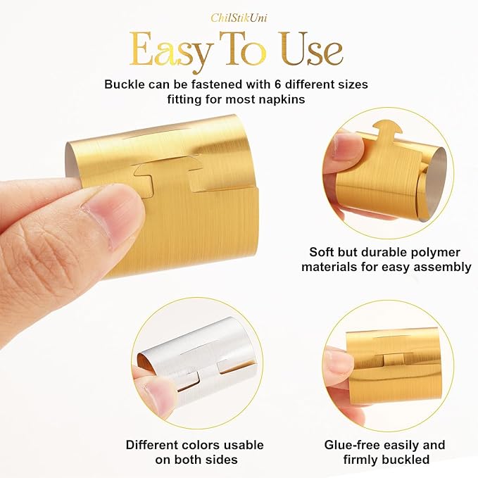 Polymer Material Reusable Napkin Band, Glue-Free Tear-Proof Water Resistant Oil-Proof Napkin Bands Set of 200(Front Brushed Gold Color and Back Silver), 6 Adjustable Sizes Napkin Rings