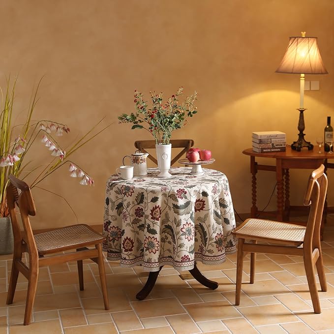 ISAENNE Designer Provence Floral Round Tablecloth,Linen Colorful Washable Indoor Table Cloth,Durable Home Decor Tablecloths for Dining Thanksgiving Kitchen Christmas,Diameter 67"-Ratina