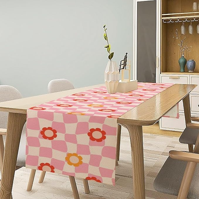 Vintage Floral Table Runner,60s Retro Color Funky Hippie Print Table Cloth Kitchen Dining Table Home Party Decoration 13x72 Inch