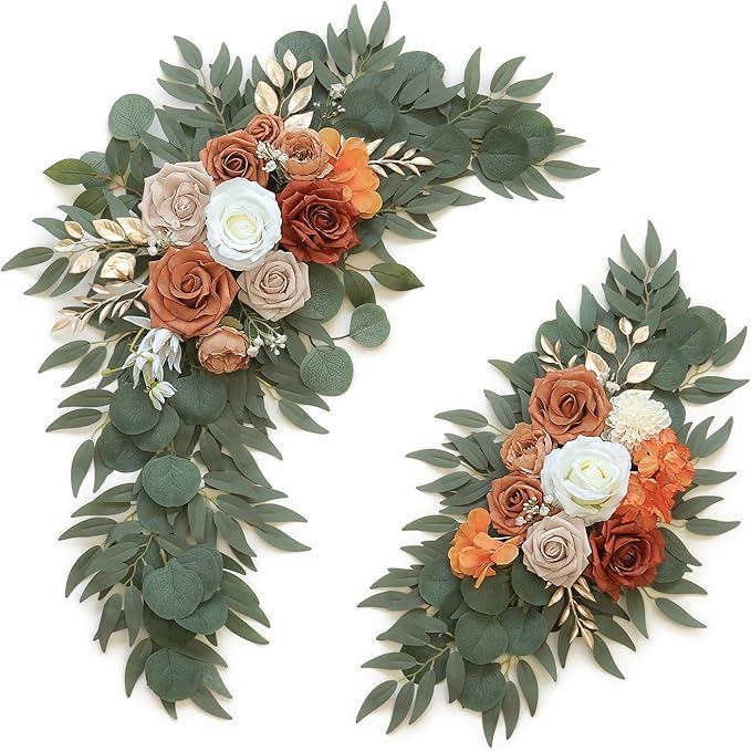 Artificial Flower Swag Set of 2 for Wedding Welcome Signs Floral Decorations, Burnt Orange Wedding Arch Flowers for Wedding Ceremony