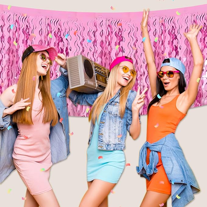 6 Pack 29x108 Inch Pink Wave Foil Fringe Table Skirts Metallic Banner for Tinsel Streamer Garland Backdrop for Parade Floats Wedding, Mother's Day, Birthday Mardi Gras Party Decorations