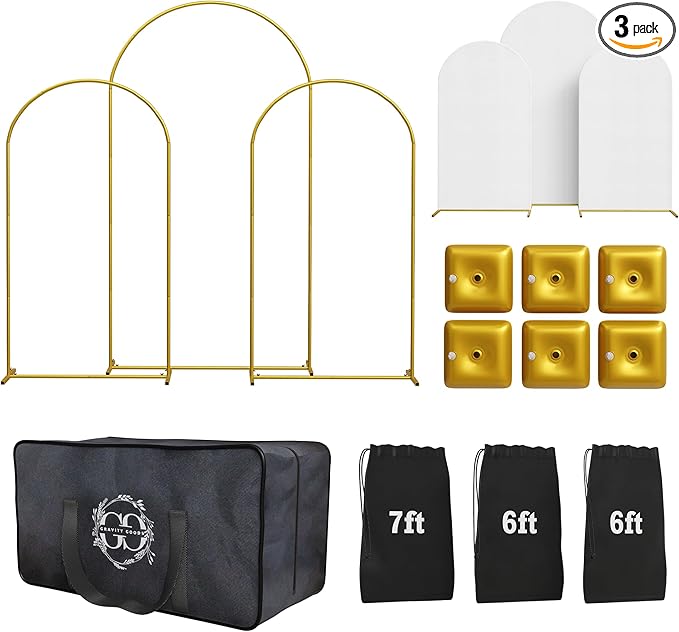Metal Arch Backdrop Stand and Cover Set – 3 Gold Frames (7.2ft, 6ft x2) with White Wrinkle-Free Spandex Covers, Water Weights, Bags & Case – Wedding, Birthday, Baby Shower, Party Decor