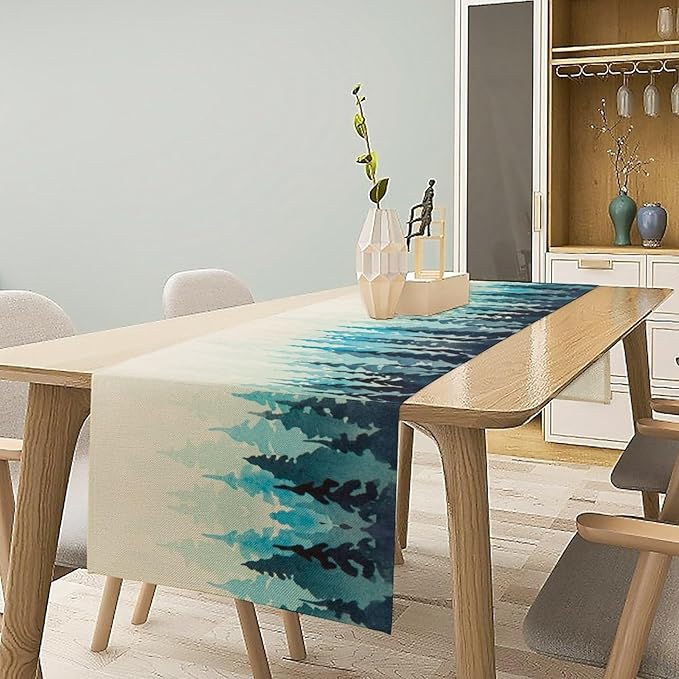 Misty Forest Table Runner,Foggy Blue Forest Landscape Table Runner for Kitchen Dining Table Home Party Decoration 13x72 Inch
