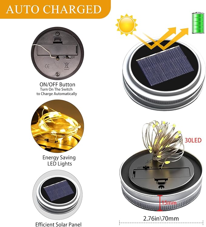ZNYCYE Mason Jar Solar Lights for Outside, 6 Pack 30 LED Fairy Lights Mason Jar Solar Lids Outdoor Waterproof String Lights with Hangers (No Jars) for Patio Garden Yard Lawn Decor - Warm White