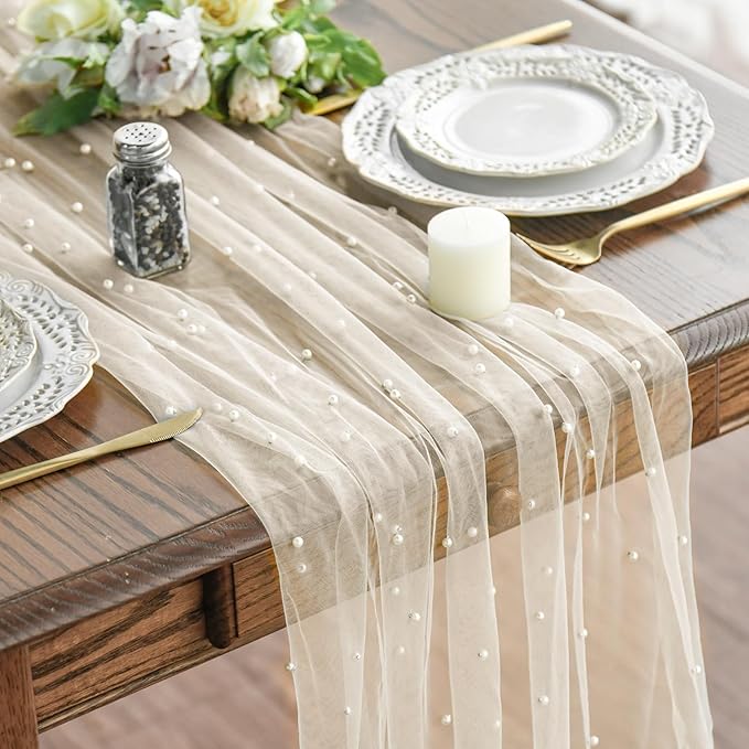 Artoid Mode Pearl Beige Gauze Table Runner 59x120 Inch , Seasonal Sheer Kitchen Dining Holiday Wedding Birthday Baby Shower Table Decor for Home Party