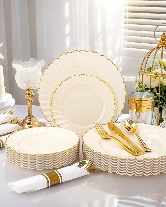 YOUBET 350PCS Ivory Scalloped Plastic Plates - Ivory and Gold Disposable Dinnerware Set Include 100 Plates, 150 Gold Silverware, 50 Cups, 50 Napkins for Wedding & Party & Thanksgiving