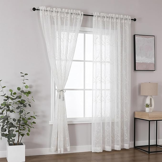 VISIONTEX Sheer Curtains 95 inch Length 2 Panels Set, Decorative Beige Coral Embroidery, Rod Pocket Embroidered Window Drapes for Living Room and Bedroom, 54" x 95"