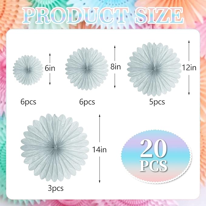 20 Pcs Gray Hanging Paper Fan, Round Paper Fans Decorations Set for Weddings, Birthdays, Engagement, BridaShower, Baby Shower Event, Graduation, Ceiling Party Supplies Decor