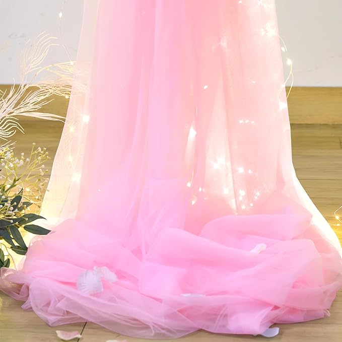 20ft x 10ft Pink Tulle Photo Backdrop Curtain with Lights String for Baby Shower Sheer Baby Pink Curtain Backdrop for Birthday Party Wedding Photo Booth Photography Background Decorations