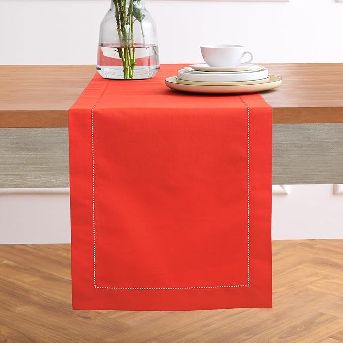 Solino Home Table Runner 108 Inches Long - Cotton Linen Hemstitch Poppy Red Table Runner 14 x 108 Inch for Halloween