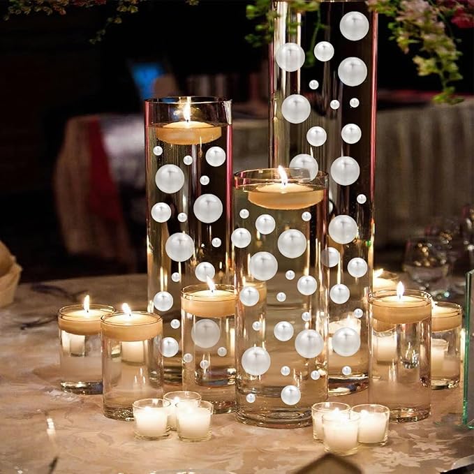 Floating Pearls for Centerpieces Vases, 250PCS Ivory No Hole Fake Pearl Beads and 4000PCS Water Beads for Vase Filler Floating Beads for Wedding Home Party Decoration (Ivory 8/14/20mm)