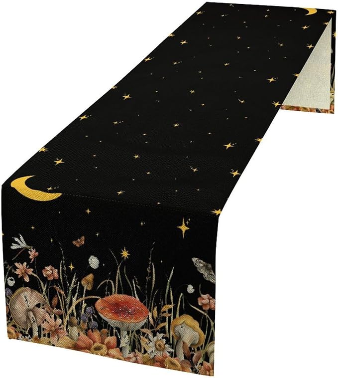 Mushroom Kitchen Table Runner, Gothic Moon Star Plants Witchy Moonlit Flower Butterfly Table Runner for Kitchen Party Living Room Drapes, 13x70 Inch Black