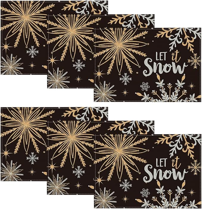 Artoid Mode Black Snowflake Let It Snow Winter Placemats Set of 6, 12x18 Inch Seasonal Christmas Table Mats for Party Kitchen Dining Decoration