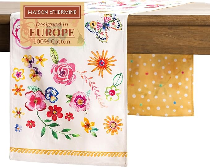 Maison d' Hermine Table Runner 100% Cotton Double Layer Table Runners 108 inches Long Decorative for Home Dining Party Wedding Bridal Shower Spring Summer (Happy Florals - Sweety, 14.50" x 108")