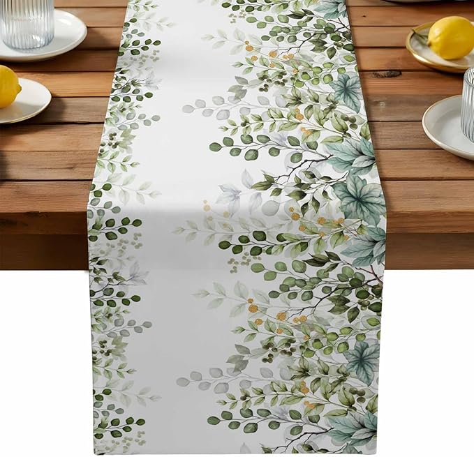 Sage Green Eucalyptus Cotton Linen Table Runner for Dining Kitchen,Farmhouse Leaves Botanical Floral Wedding Outdoor Party Tablerunners Decoration Dresser Scarf Coffee Tablecloth Runners 13x120 Inches