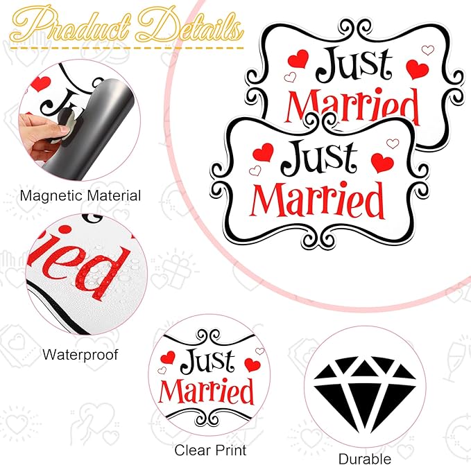 2 Pcs Large Just Married Car Decorations Just Married Car Magnets Sign Decoration 13.9 x 8.8 Inch Honeymoon Rear Tailgate Magnet Stickers for Wedding Door Panel Refrigerator(Black and Red)