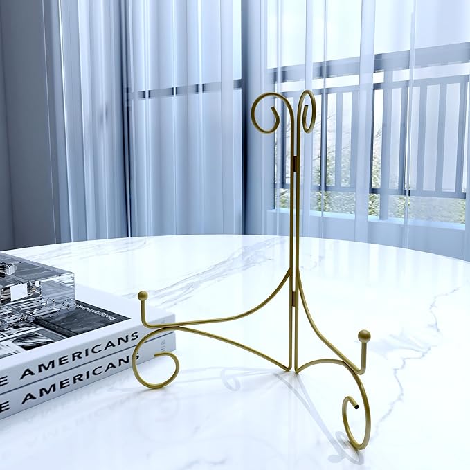 Iron Plate Stand for Display with Folding Design, Picture Stands for Tables, 12 Inch Large Easels for Displaying for Book, Art Piece, Photo and Platter, 12’’ Gold, 2-Pack