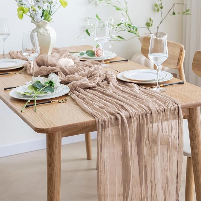 Asee'm 12pcs Cheesecloth Table Runner 120 Inches Long Nude Pink Boho Gauze Cheese Cloth Runner 10FT Rustic Sheer Table Runners for Christmas Wedding Party Baby Shower Spring Easter Decoration