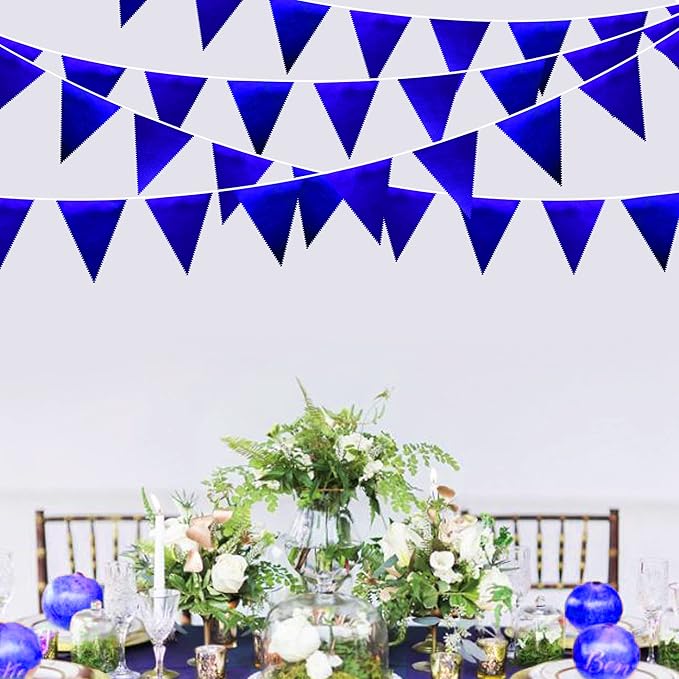 Royal Blue Party Decoration Navy Blue Triangle Pennant Banner Flag Dark Blue Metallic Fabric Bunting Garland for Graduation Wedding Retirement Bridal Shower Birthday Nautical Ahoy Achor Party Supplies