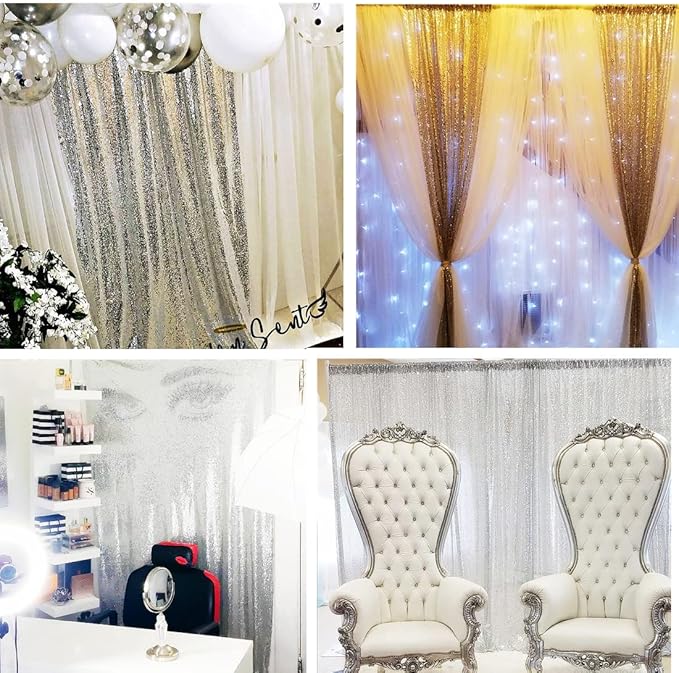 Poise3EHome Sequin Backdrop, 2 Pcs Silver 2ftx8ft Curtains for Party, Wedding, Event, Photography