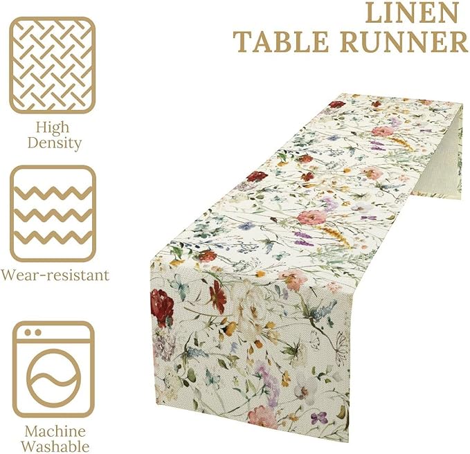 Floral Butterfly Table Runner,Rustic Colorful Flower Botanical Watercolor Pattern Print Burlap for Hotel Indoors Outdoor Dining Room Kitchen Holiday Party, 13x60in