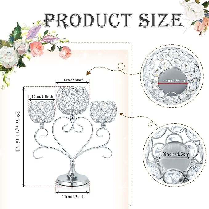 2 Pcs 3-Arm Heart Tea Light Candle Holder - Crystal & Metal Wedding Centerpiece Decor, Sparkling Table Decor for Anniversaries/Romantic Tabletop Home/Dinner Party/Events (2, Silver)