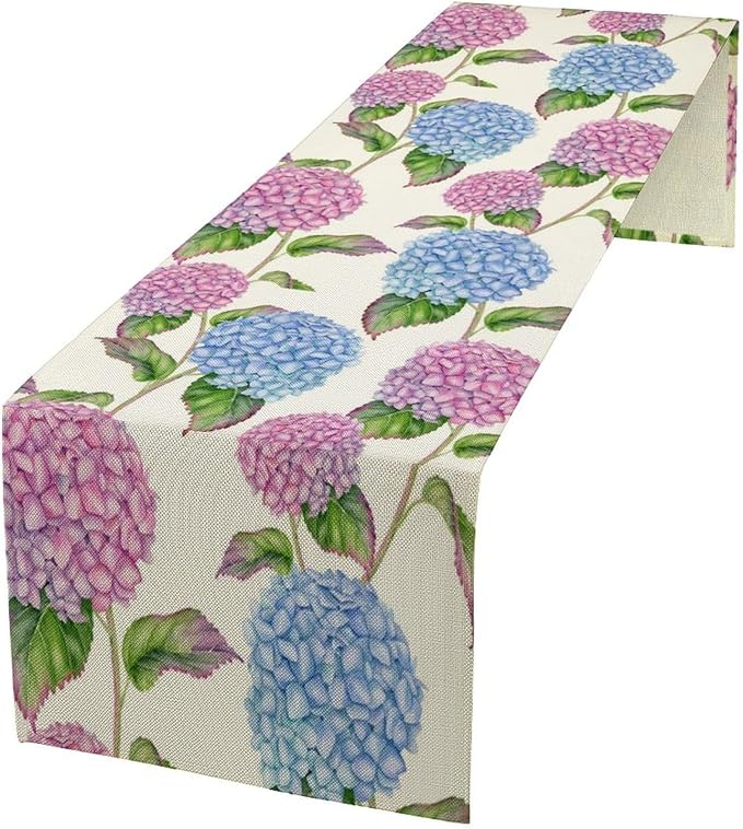 Spring Hydrangea Flower Table Runner, Seasonal Summer Plants Watercolor Pink Purple Florals Dinner Runner for Home Kitchen Dining Table Party Holiday Decoration 13"x70"