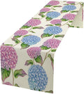 Spring Hydrangea Flower Table Runner, Seasonal Summer Plants Watercolor Pink Purple Florals Dinner Runner for Home Kitchen Dining Table Party Holiday Decoration 13"x108"