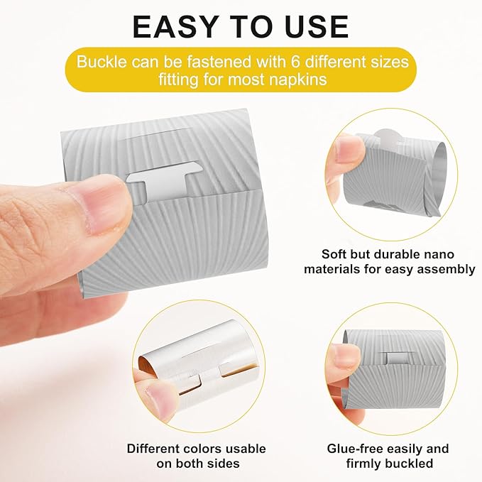 Polymer Material Reusable Napkin Band, Glue-Free Tear-Proof Water Resistant Oil-Proof Napkin Bands Set of 50(Front Silver Rose and Back Silver Color), 6 Adjustable Sizes Napkin Rings
