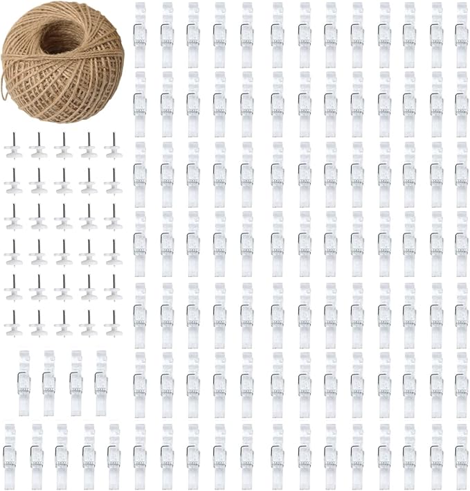100pcs Photo Clips Mini Clothespins for Photo Wall Hanging Dorm Decor Picture Polaroid Kids Artworks Display with 98ft Twine String & Mini Wall Mount Non-Mark Hooks