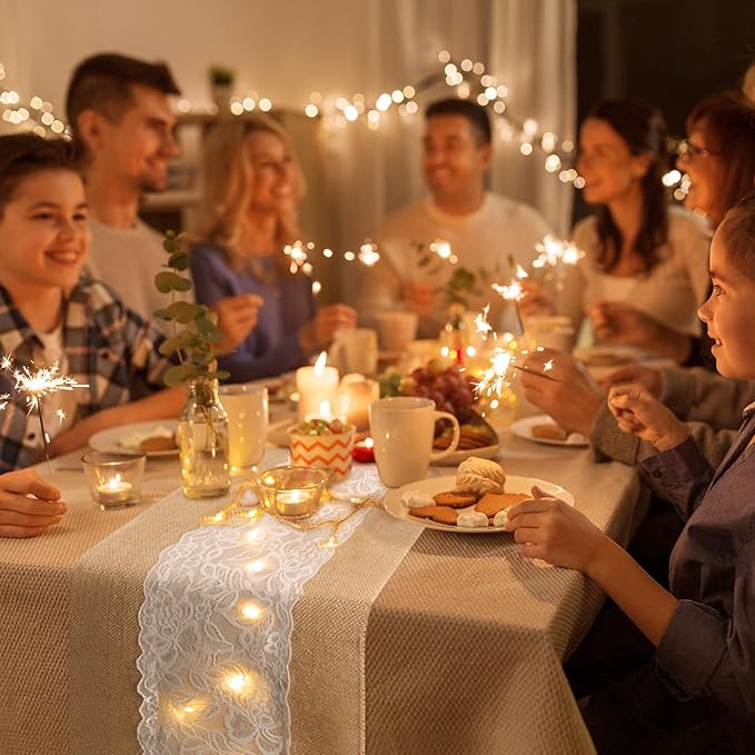 Xinnun 6 Pack Burlap Table Runner with LED String Lights, Modern Rustic Lace Natural Vintage Boho Jute Wedding Table Decor for Farmhouse Thanksgiving Christmas(Classic Style,12x108 Inches)