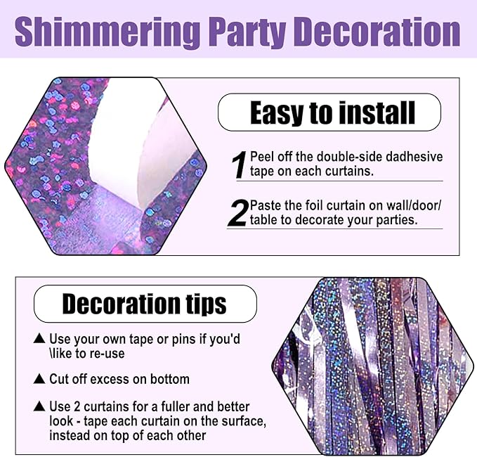 6 Pack Light Purple Foil Fringe Curtain Backdrop, 3.28Ft x 8.2Ft Metallic Tinsel Foil Fringe Streamer Curtains for Photo Booth, Christmas Day, New Year, Wedding Party Decorations