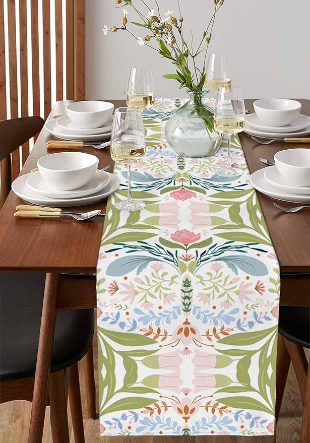 Green Blue Pink Boho Floral Cotton Linen Table Runner for Dining Kitchen, Wedding Outdoor Party Tablerunners Decoration, Retro Bohemian Botanical Dresser Scarf Coffee Tablecloth Runners 13x60 Inches