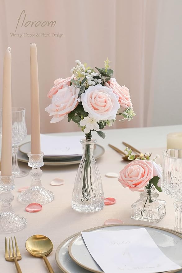 Floroom Artificial Flowers 50pcs Real Looking Blush Shades Foam Fake Roses with Stems for DIY Wedding Bouquets Bridal Shower Pink Centerpieces Floral Arrangements Party Tables Home Decorations