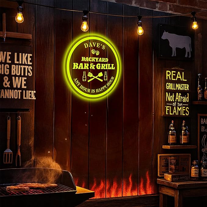 Custom Acrylic LED Bar Sign – Personalized Color Changing Wall Decor for Backyard Patio, Home Bar, Kitchen, or Man Cave (Bar & Grill, 12 INCHES)