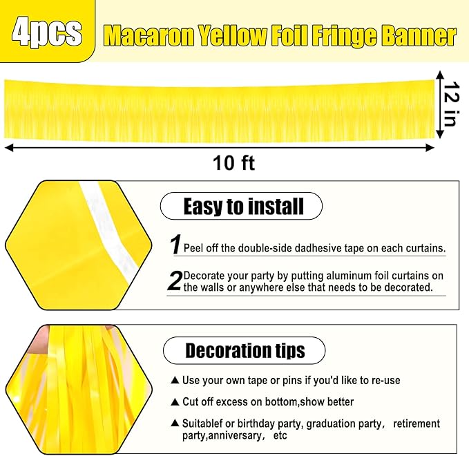 4 Pack 10 Feet Yellow Foil Fringe Garland Metallic Tinsel Streamers Banner Wall Hanging Curtain Backdrop for Parade Floats, Wedding, Graduate, Mother's Day, Birthday Party Decoration